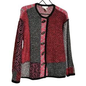 VTG 90s Y2K EUC Laura Ashley Cardigan M Patchwork Exposed Stitch Marled Fleece